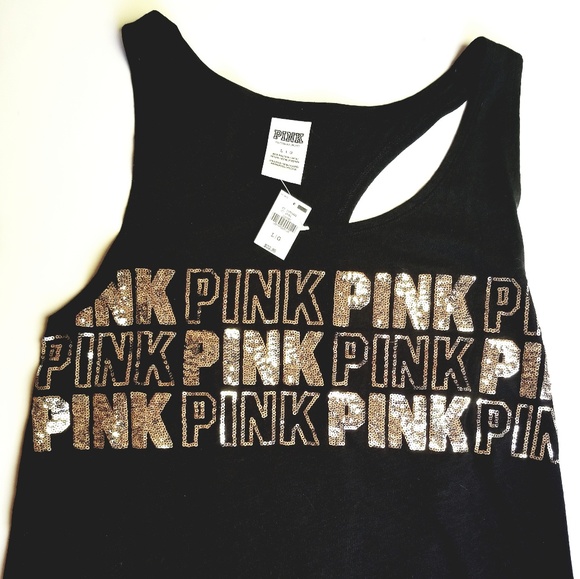 PINK Victoria's Secret Tops - NEW VS PINK Bling Logo Crop Tank Top Black Gold L